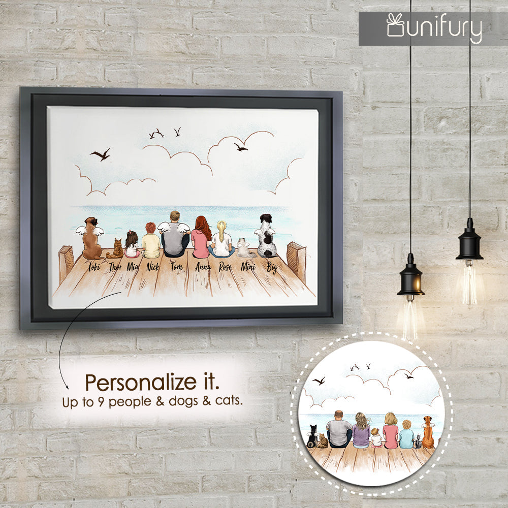 framed canvas gift for the whole family with up to 9 people and dogs and cats sitting on wooden dock