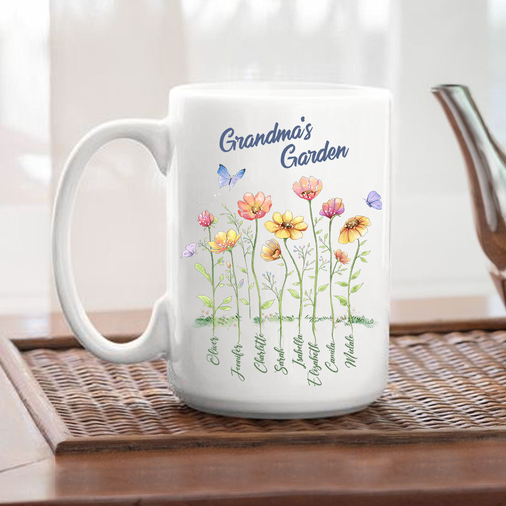 Personalized Grandma's garden white coffee mug gifts for the whole family - up to 8 names