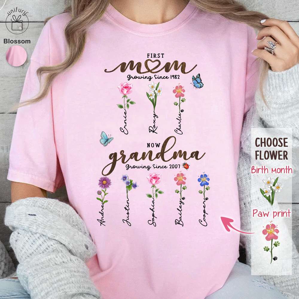 First Mom Now Grandma - Birth Flower Sign - Comfort Colors T-shirt For Grandma, Dog Cat Lovers