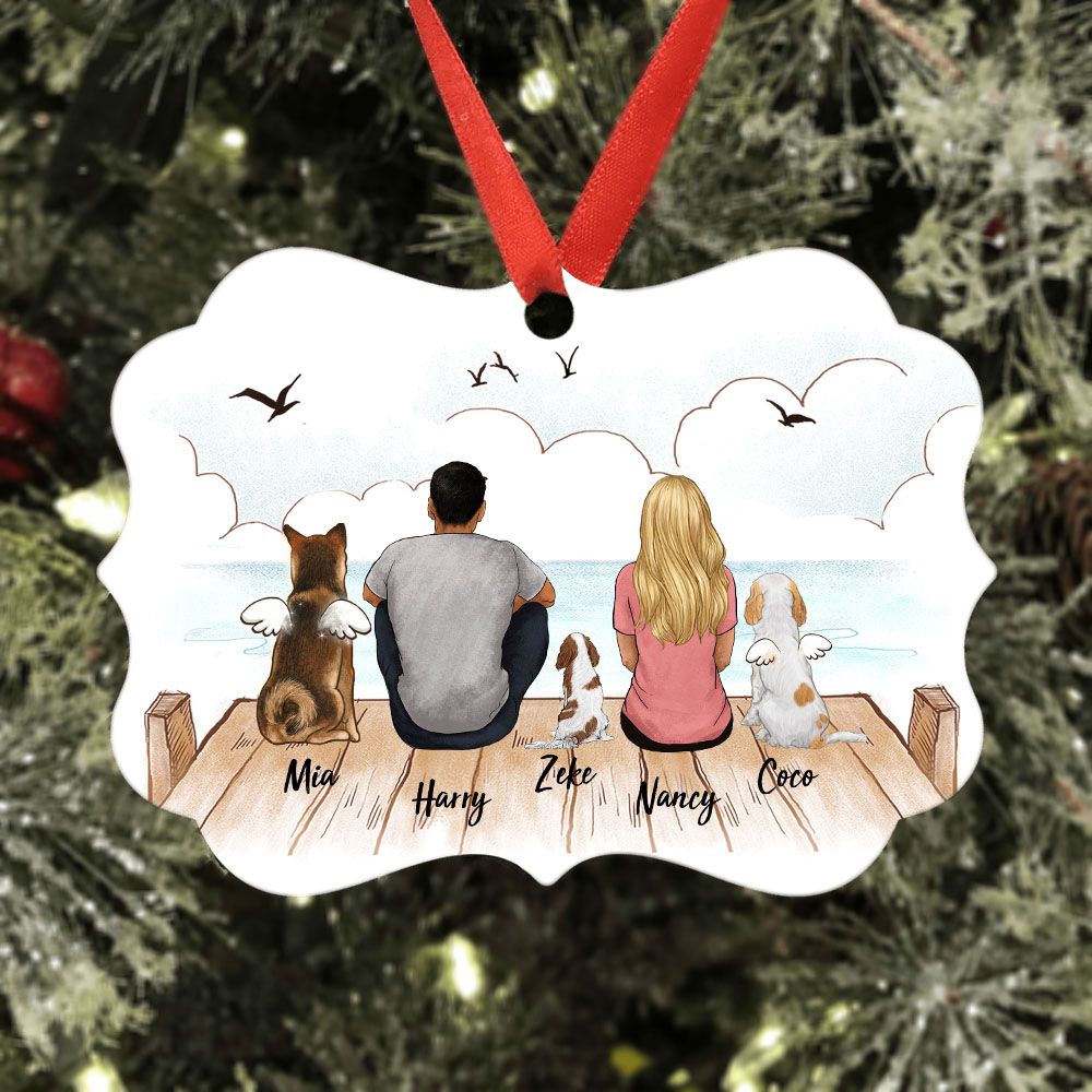 Personalized Christmas Medallion Metal Ornament gifts for dog lovers - DOG & COUPLE - Wooden Dock