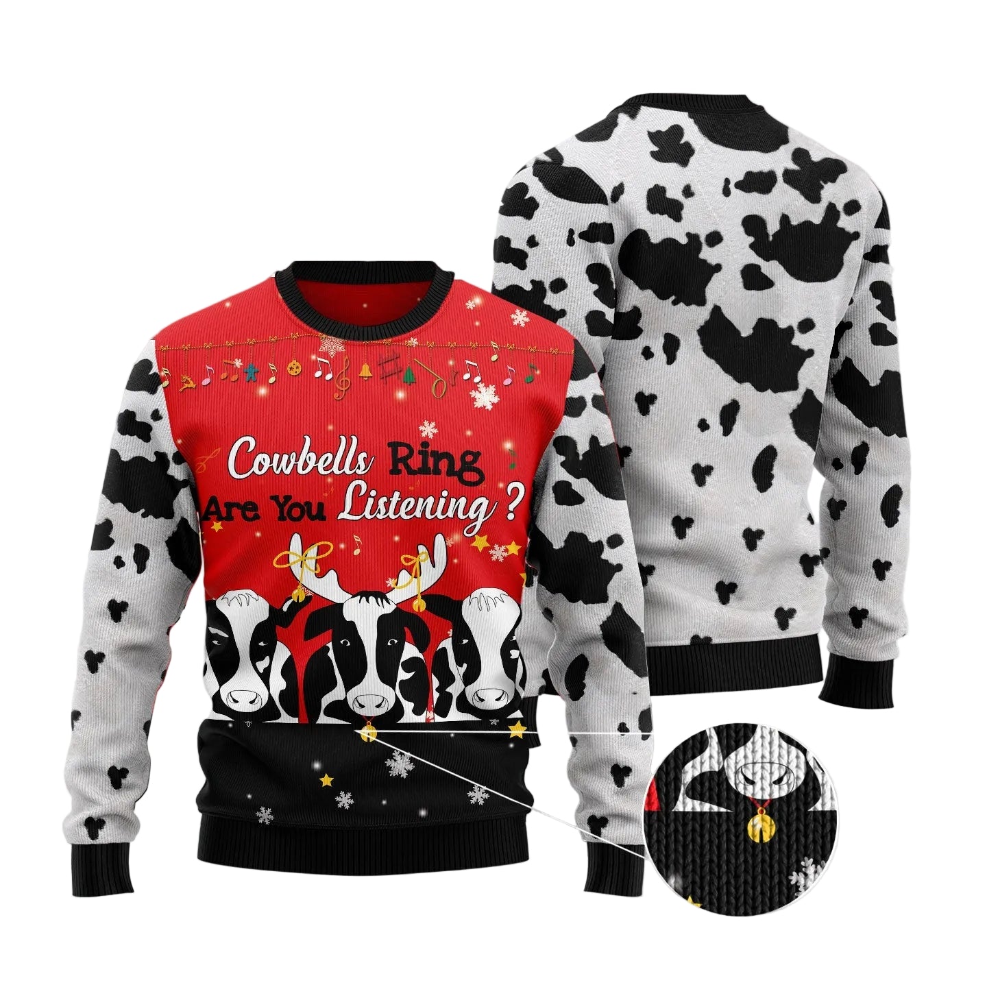 A Christmas-themed cow-print sweater shown from both front and back views, with a circular inset detail of the knit pattern. The front features a red upper section with holiday lights, snowflakes, and the text 'Cowbells Ring Are You Listening ?' above a row of black-and-white cow faces.