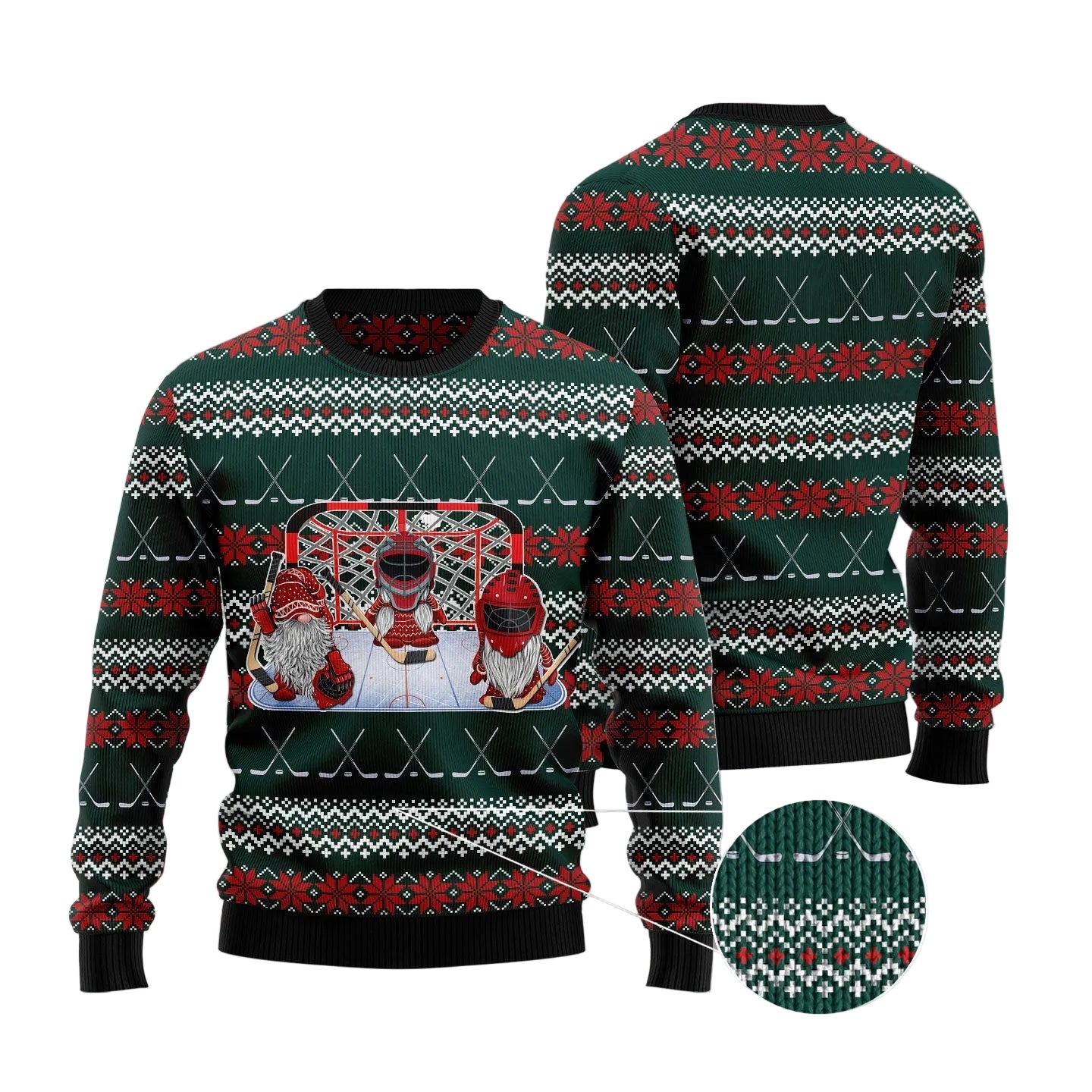 A Christmas-themed knit sweater shown from the front and back, featuring a dark green base with red and white holiday patterns and a central graphic of three Santa-clad figures in a snowy scene. A circular Shark Custom logo appears in the top left, with a zoomed-in knit detail inset at bottom right.
