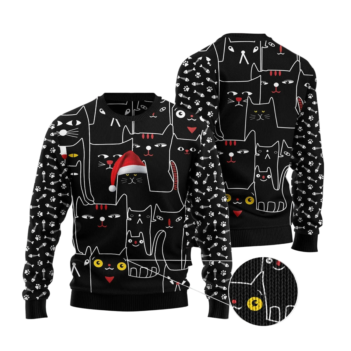 Black Cat in Noel Hat Ugly Christmas Sweater, Black Cat Christmas Christmas Outfit for Parties and Family Photos