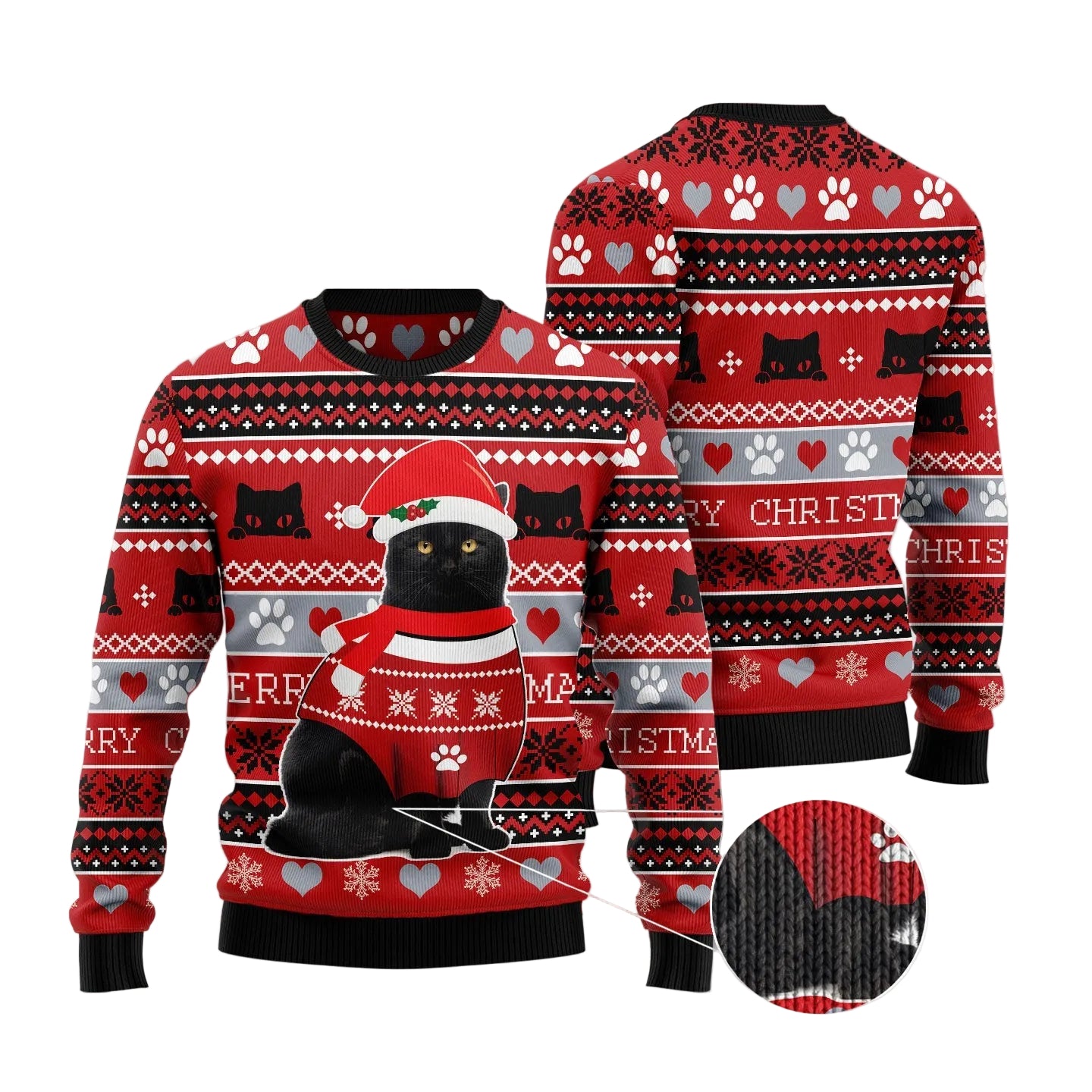 Black Cat Christmas Pattern Ugly Christmas Sweater, Festive Black Cat Art Pullover for Cat Moms and Black Cat Lovers