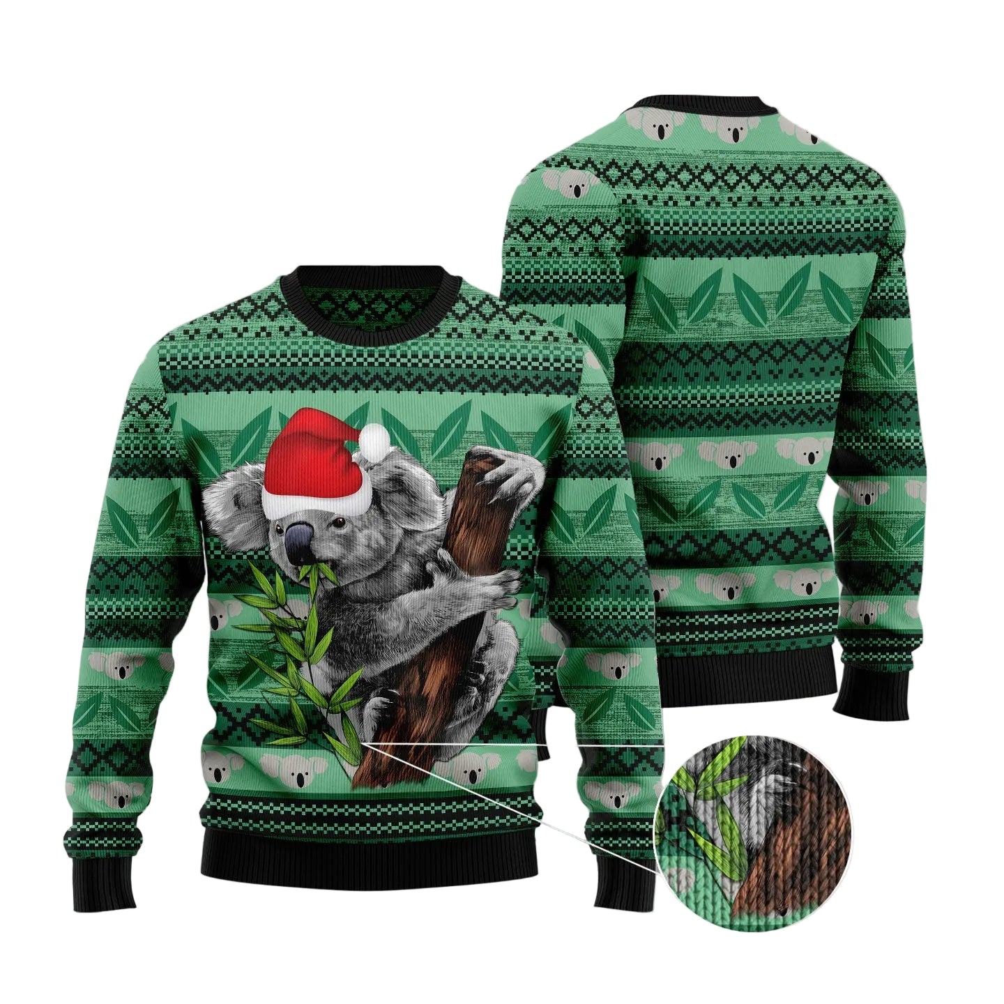 Koala Green Leaf Ugly Christmas Sweater, Cute Animal Lover Holiday Party Outfit for Men and Women, Koala Gift