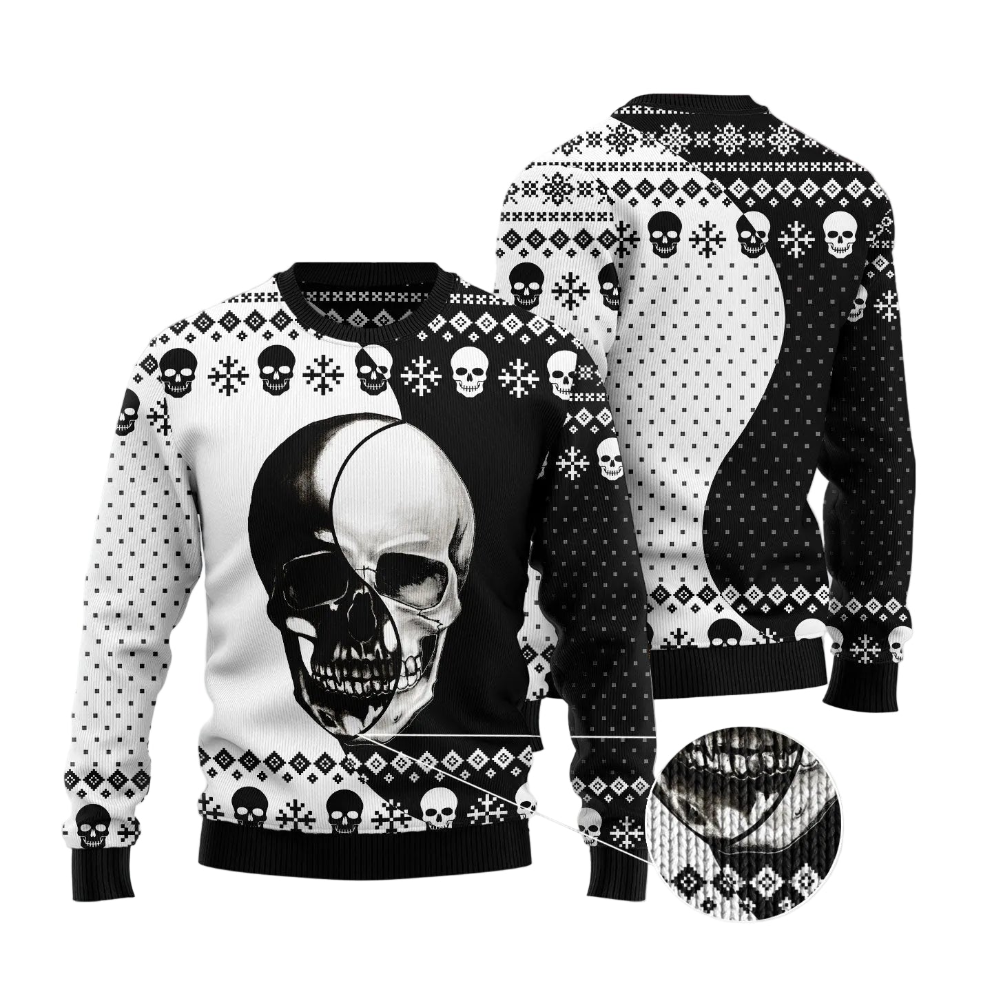 Skull Yin Yang Ugly Christmas Sweater, Gothic Holiday Party Outfit for Men and Women, Alternative Christmas Gift
