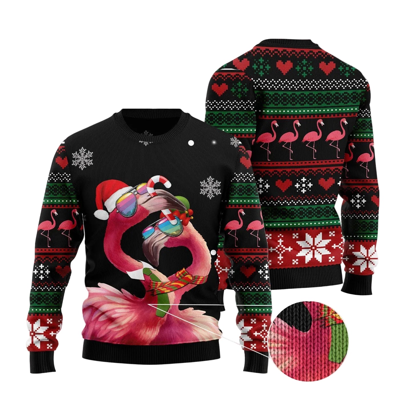A Christmas-themed long-sleeve sweater shown from the front and back on a soft pink holiday background. The front features a large pink flamingo graphic wearing a Santa hat and sunglasses over a black base, with red, green, and white holiday patterns along the sleeves and back.