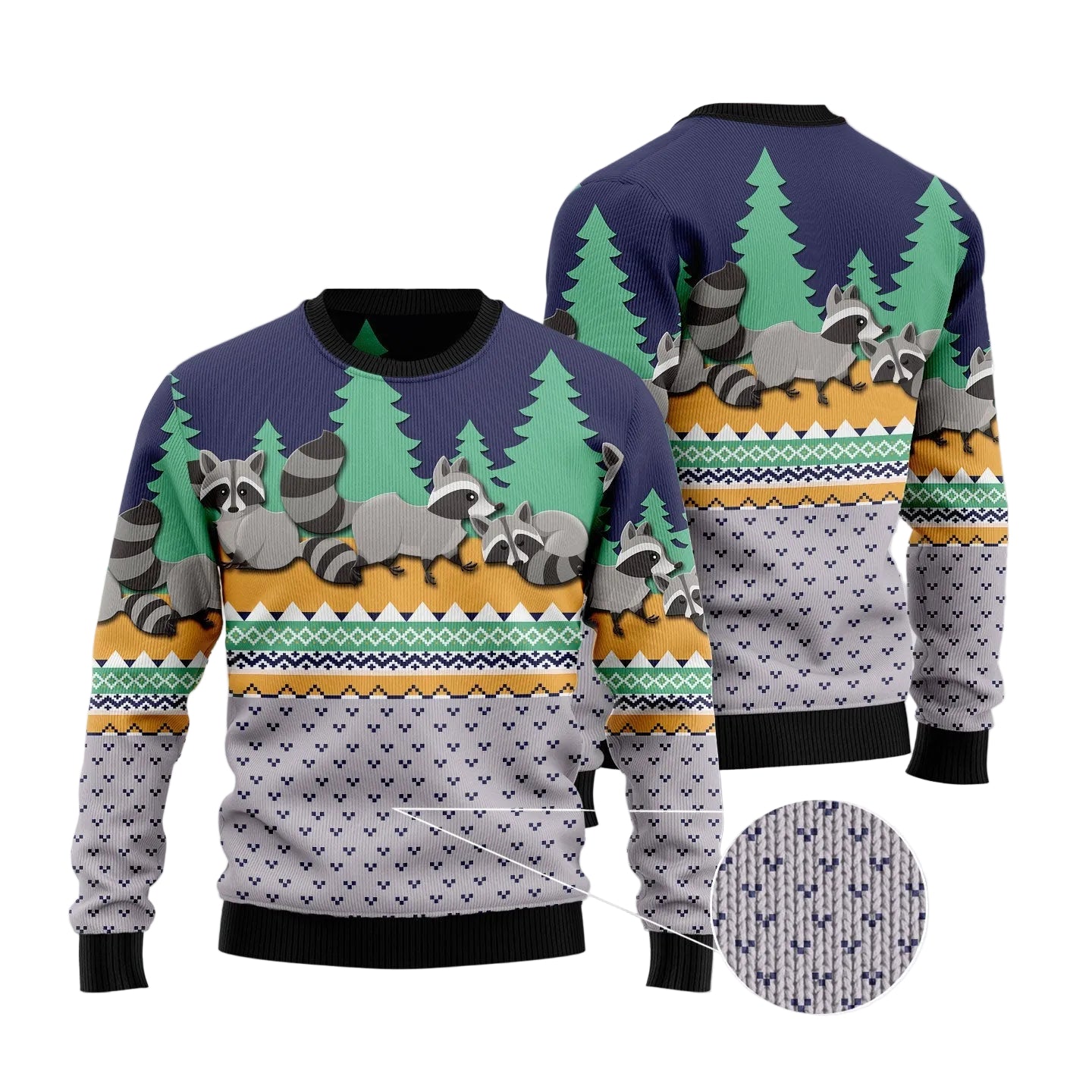 A long-sleeve crewneck sweater shown from the front and back, featuring an all-over holiday print of raccoons, pine trees, and geometric pattern bands. A circular inset shows the knit fabric texture.