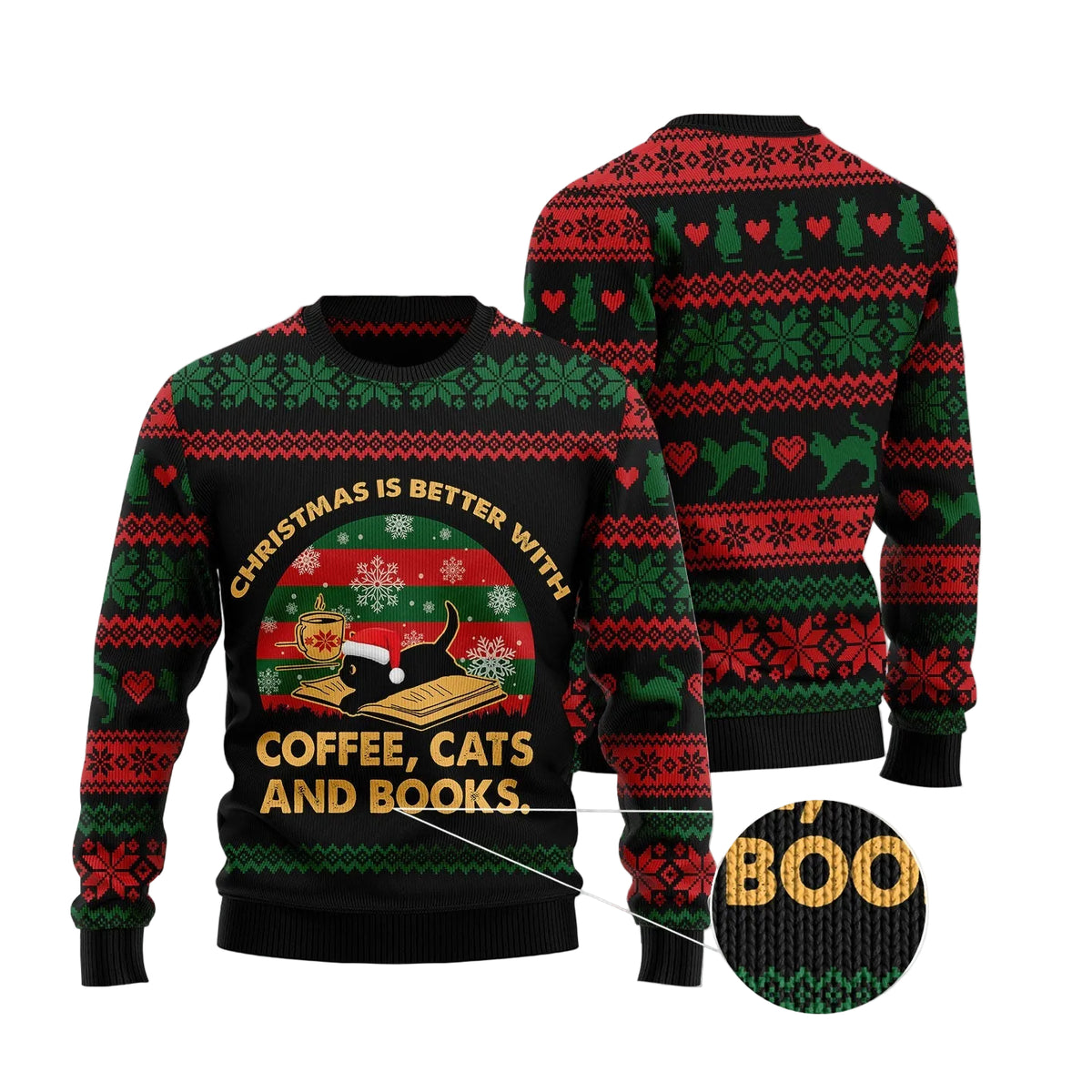Christmas Is Better With a Cat and a Book Ugly Christmas Sweater, Unisex Holiday Party Outfit for Book and Cat Lovers