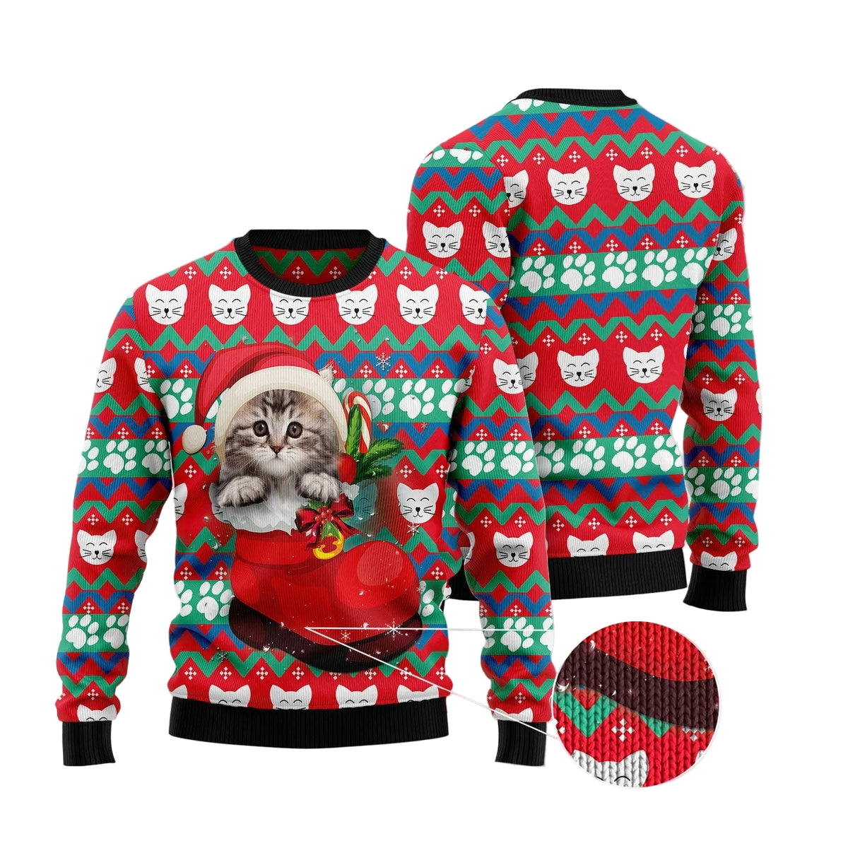 Cat Socks Ugly Christmas Sweater, Cat Themed Holiday Pullover for Cat Lovers, Cat Moms, Cat Dads and Winter Parties