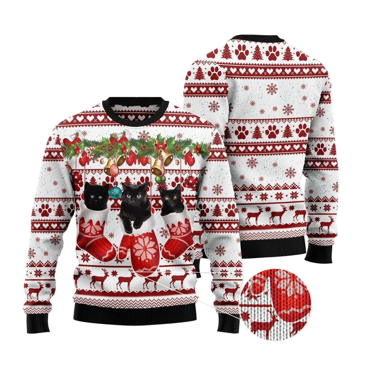 Black Cat Gloves Merry Christmas Ugly Christmas Sweater, Unisex Holiday Party Outfit for Black Cat Lovers
