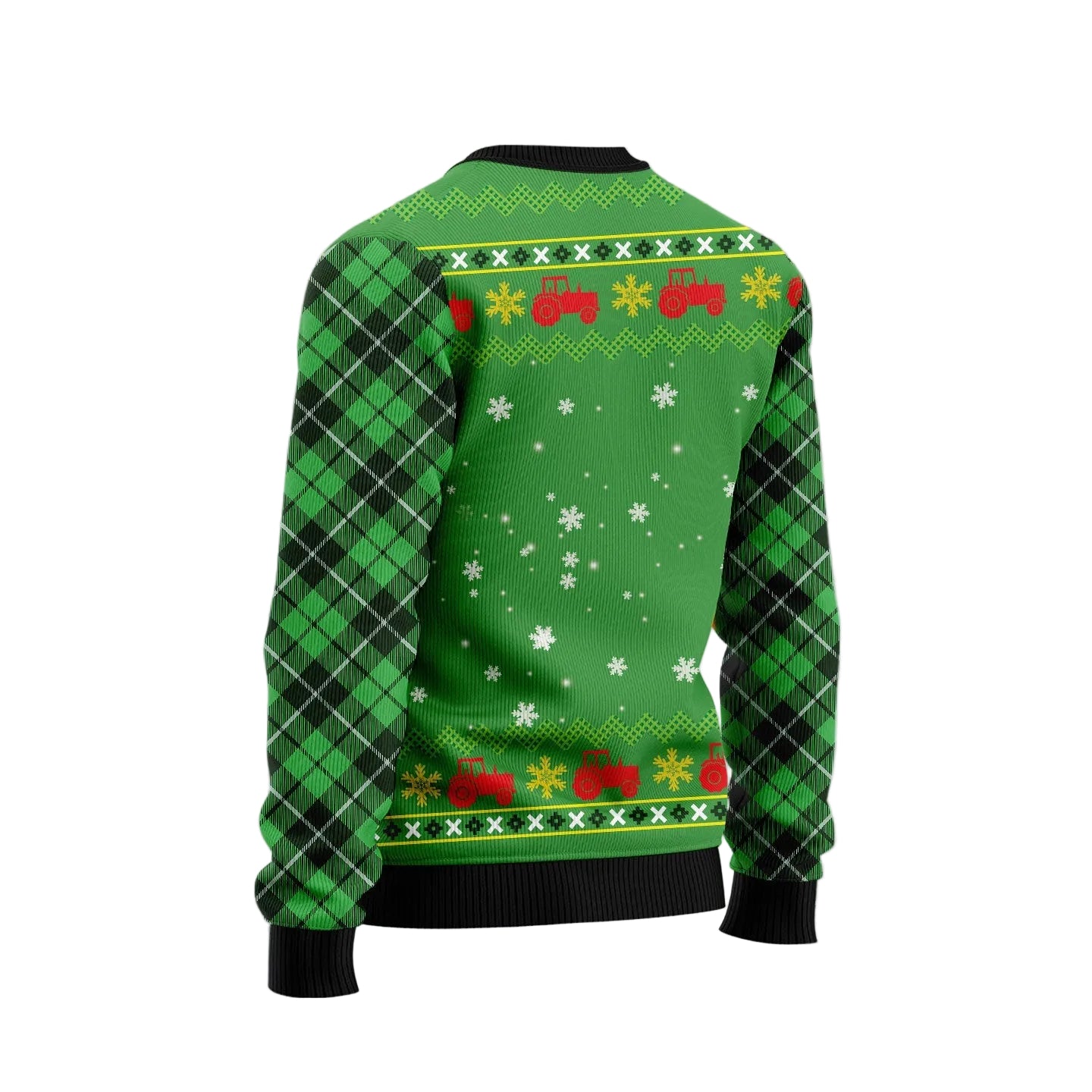 A green Christmas sweater with a black and green argyle pattern on the sleeves, a green diamond pattern across the chest, and red trucks with white snowflakes. The image is set against a festive pink and white background with snowflakes and a watermark.