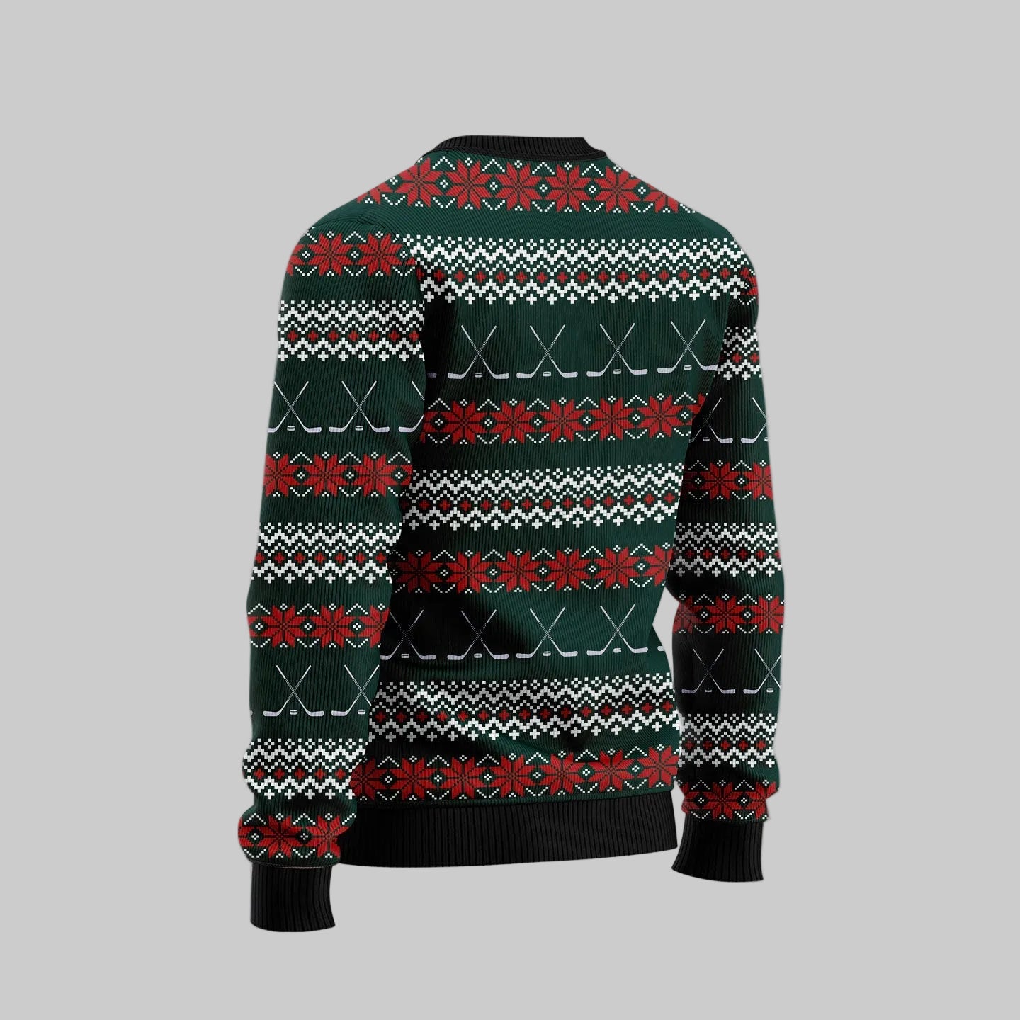 A long-sleeve crewneck sweater with a festive holiday pattern featuring snowflakes, stars, and hockey sticks in green, red, white, and black. The image is presented on a soft pink and white bokeh background with white snowflake graphics, and a circular watermark logo for 'Sharkscustom.