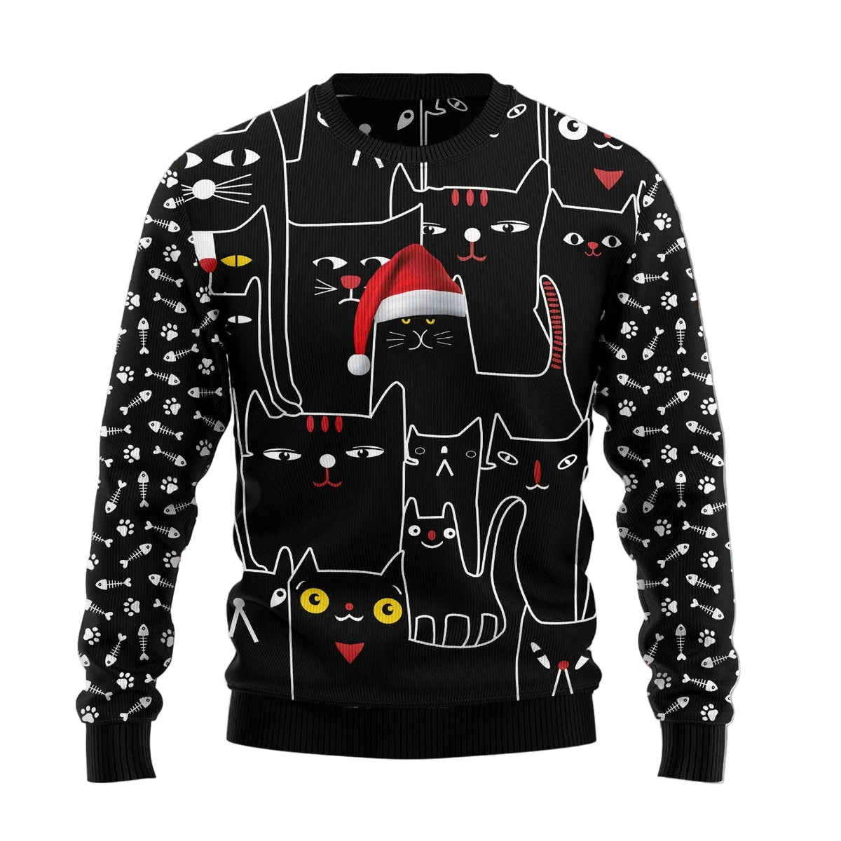 Black Cat in Noel Hat Ugly Christmas Sweater, Black Cat Christmas Christmas Outfit for Parties and Family Photos