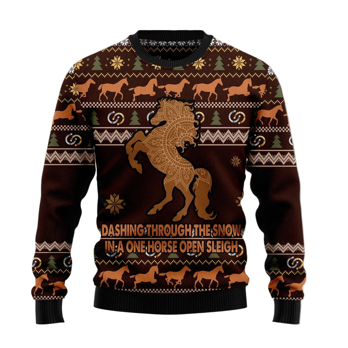 Horse Through Snow Ugly Christmas Sweater, Snowy Winter Horse Holiday Pullover for Equestrians and Horse Lovers