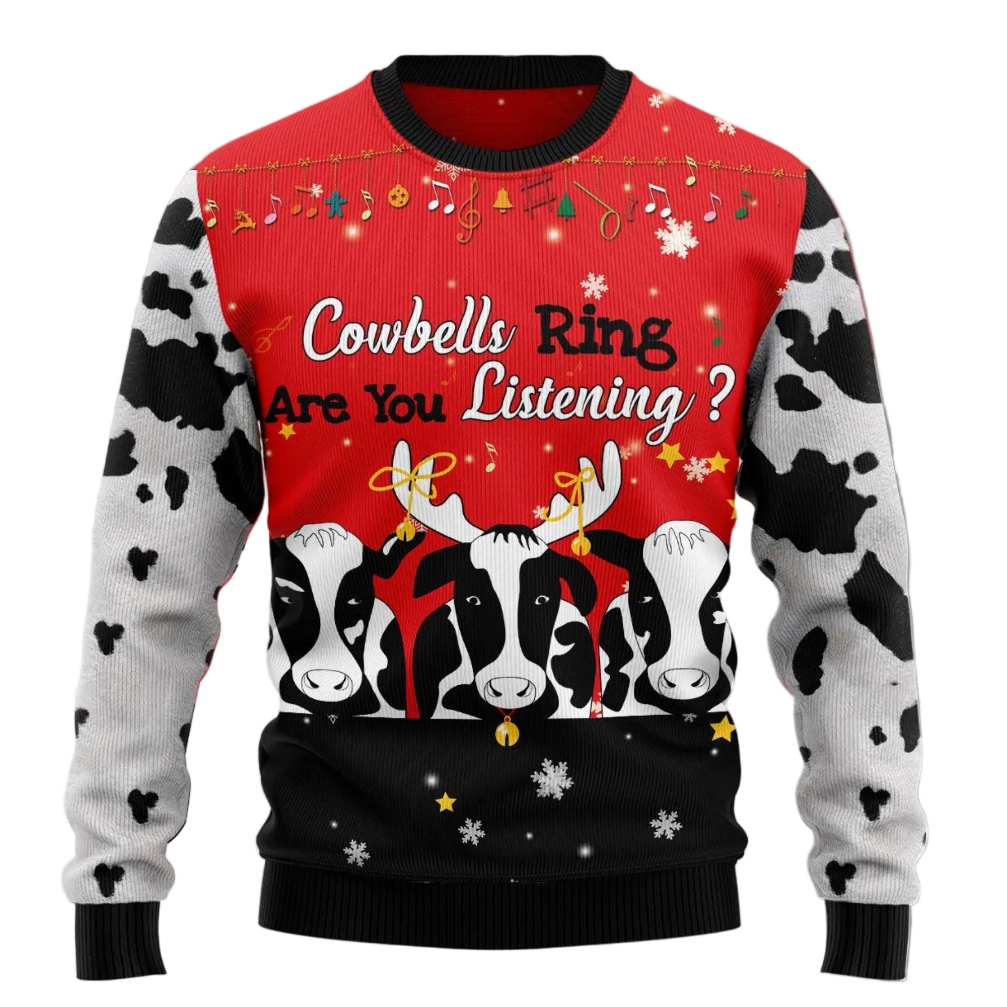 Cow Bell Rings Ugly Christmas Sweater for Men and Women, Funny Holiday Party Outfit, Festive Christmas Gift