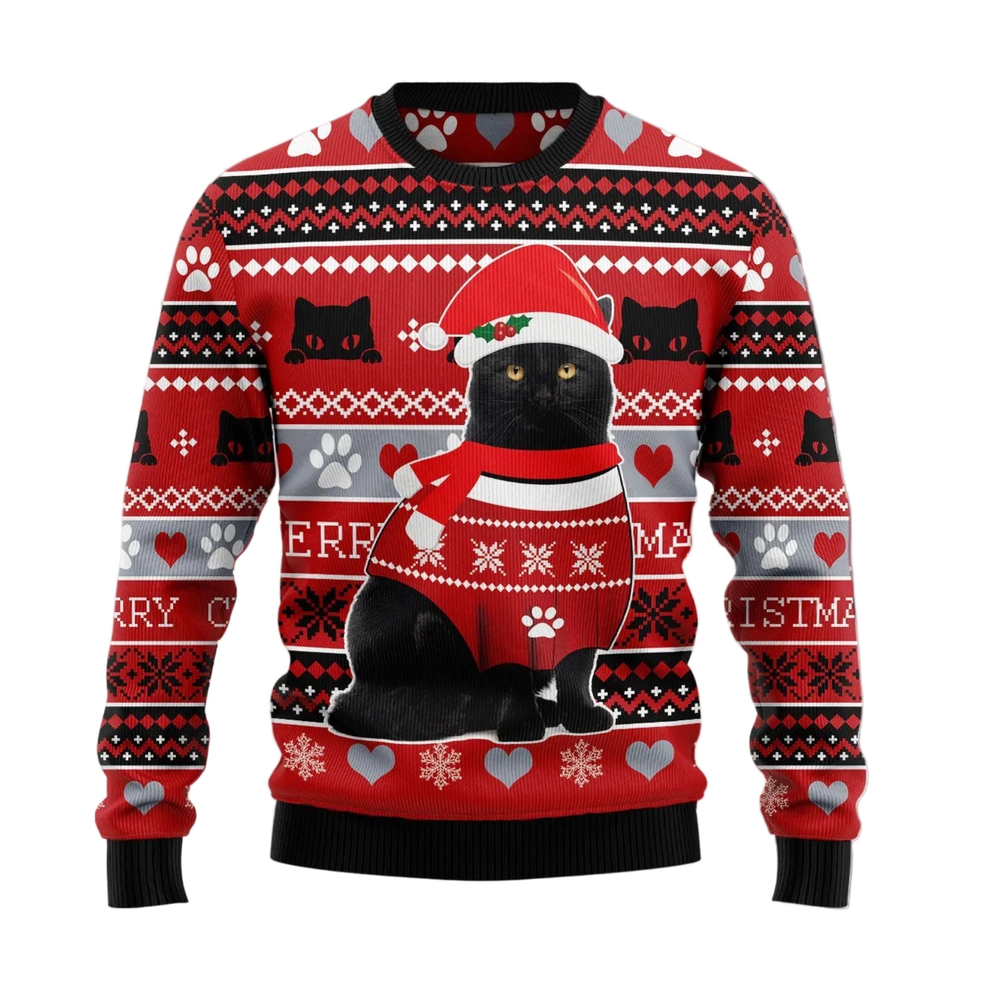 Black Cat Christmas Pattern Ugly Christmas Sweater, Festive Black Cat Art Pullover for Cat Moms and Black Cat Lovers