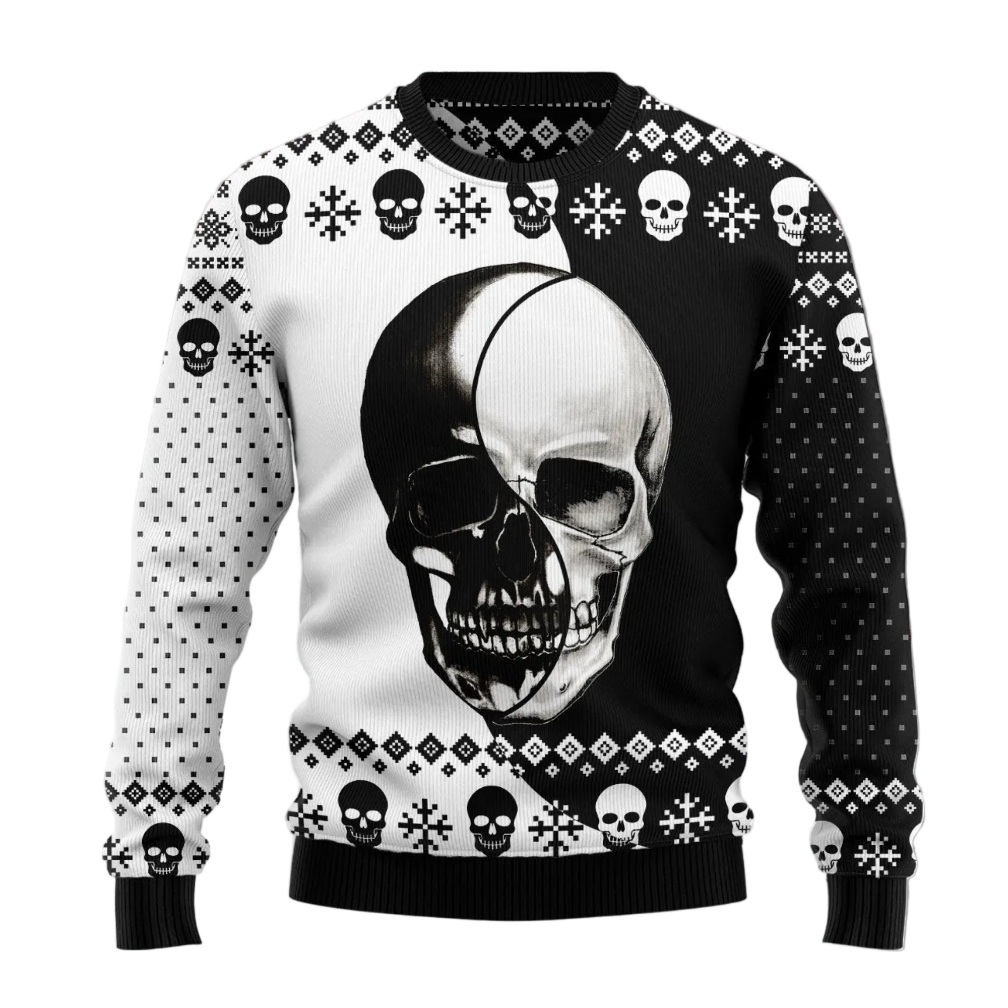 Skull Yin Yang Ugly Christmas Sweater, Gothic Holiday Party Outfit for Men and Women, Alternative Christmas Gift