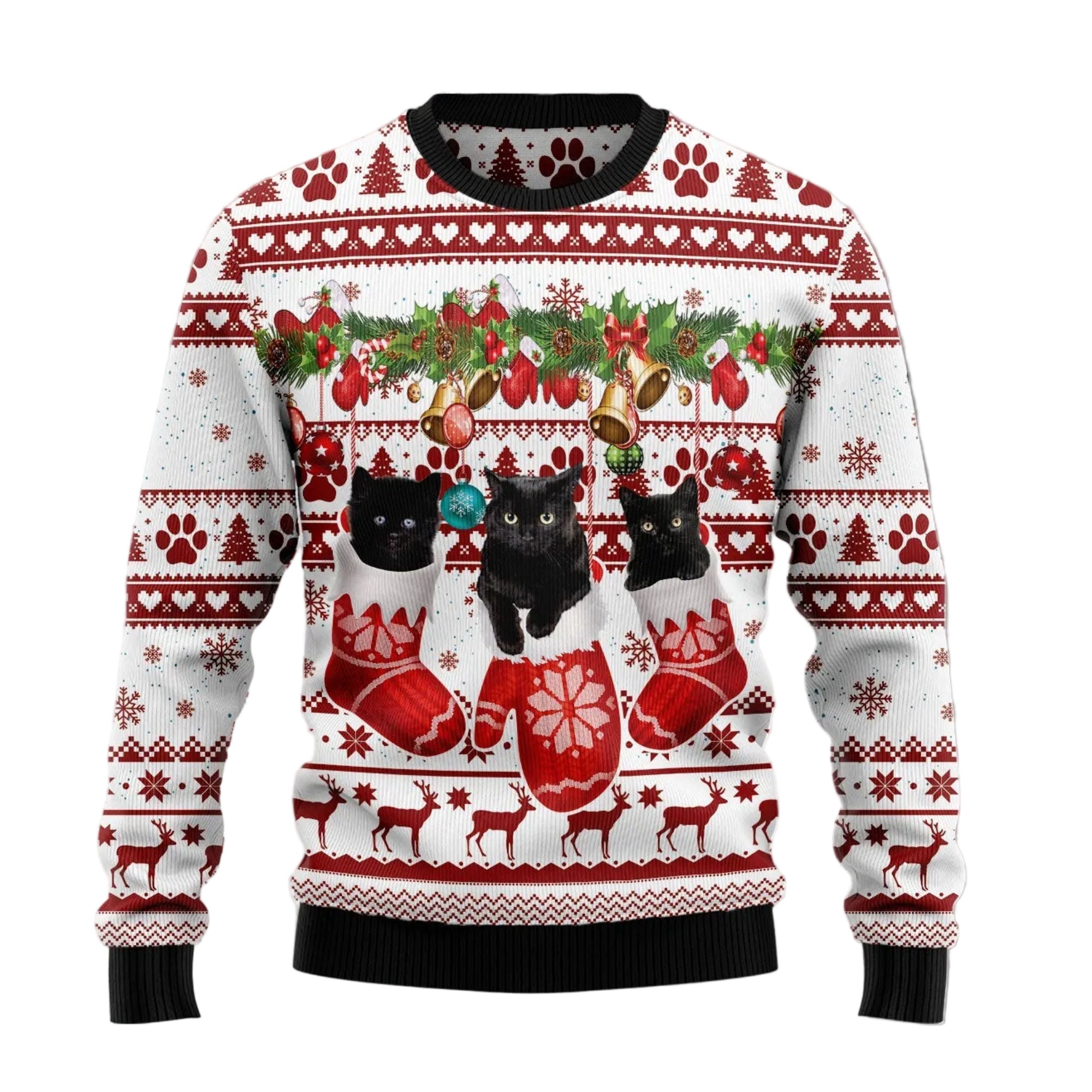 Black Cat Gloves Merry Christmas Ugly Christmas Sweater, Unisex Holiday Party Outfit for Black Cat Lovers