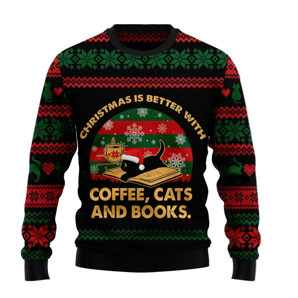 Christmas Is Better With a Cat and a Book Ugly Christmas Sweater, Unisex Holiday Party Outfit for Book and Cat Lovers
