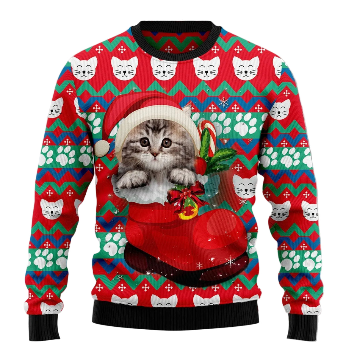 Cat Socks Ugly Christmas Sweater, Cat Themed Holiday Pullover for Cat Lovers, Cat Moms, Cat Dads and Winter Parties
