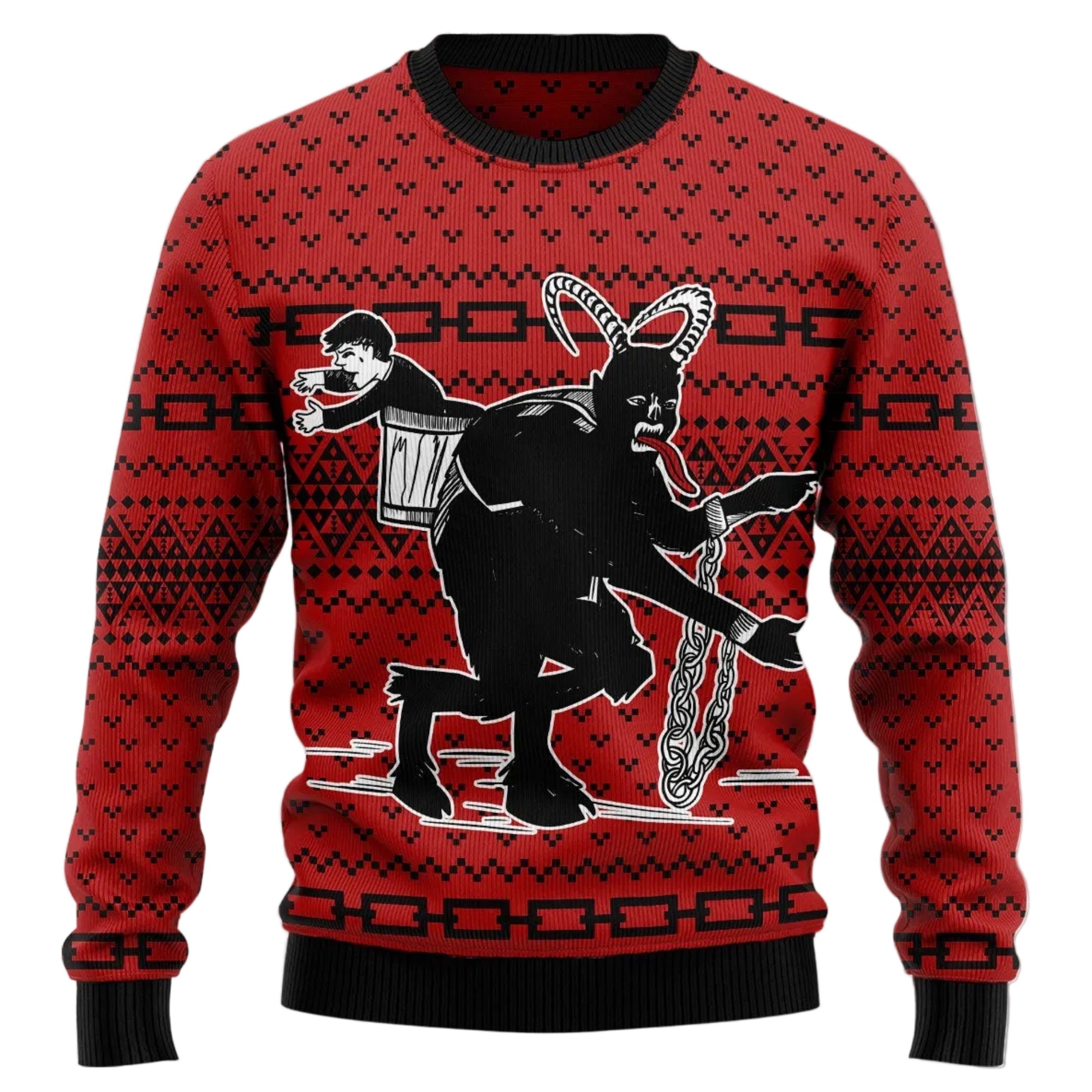 A red and black long-sleeve Christmas sweater with a graphic of a horned figure and a person holding a mug, displayed against a festive background with snowflakes.