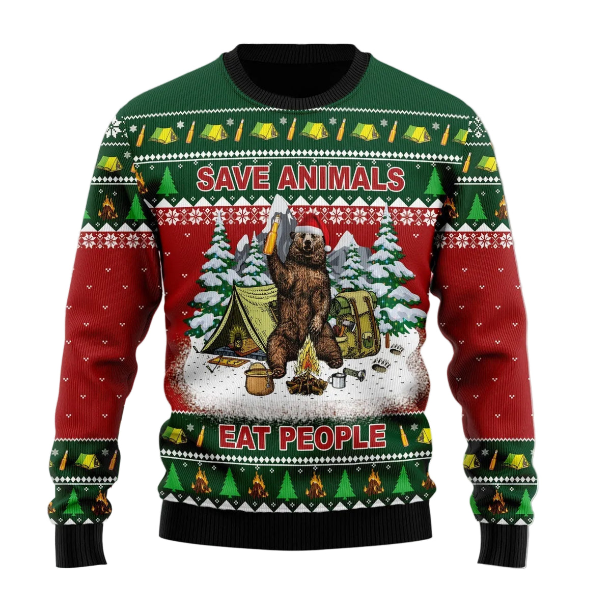 Save Animals Eat People Bear Ugly Christmas Sweater, Sarcastic Bear Printed Holiday Top, Christmas Party Outfit