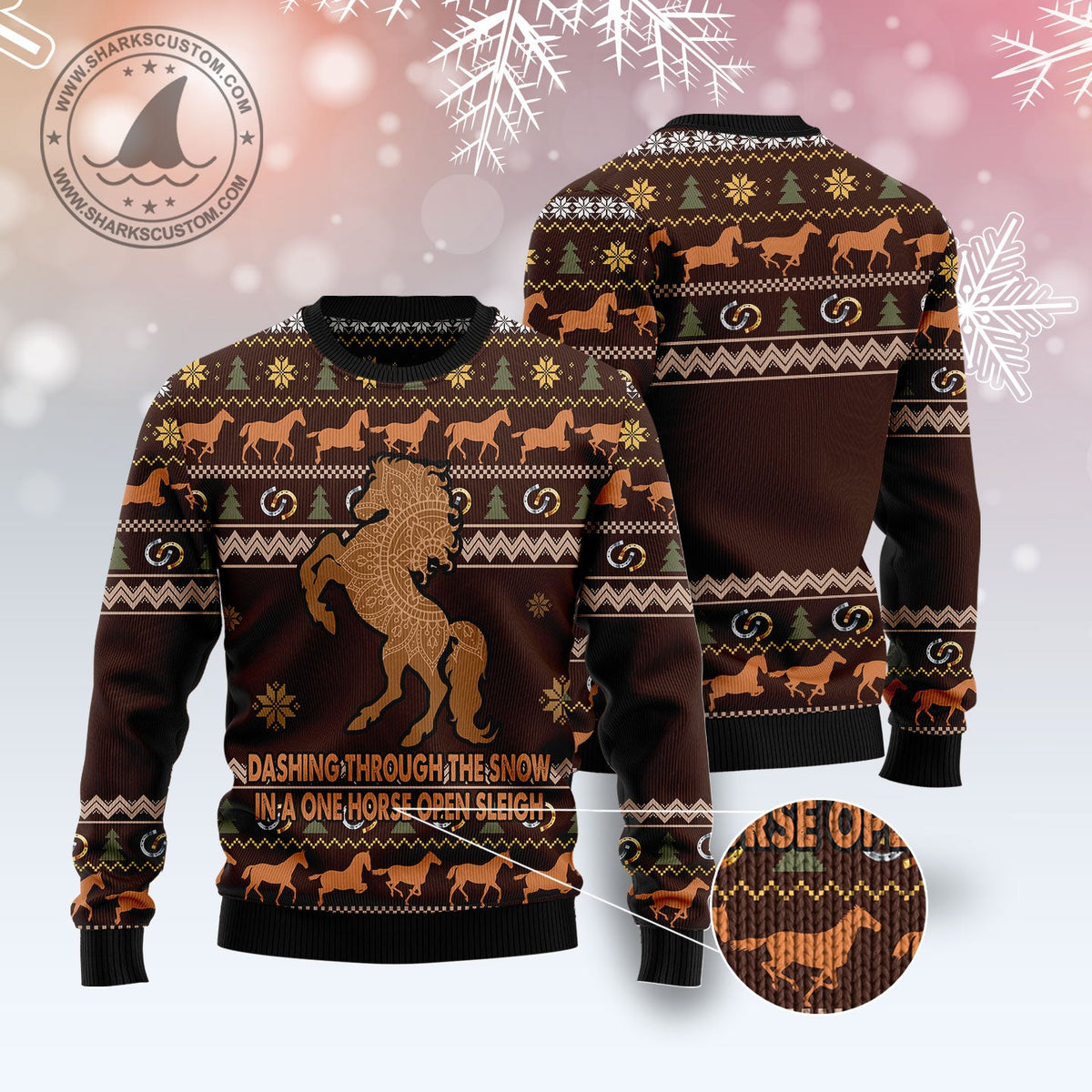Horse Through Snow Ugly Christmas Sweater, Snowy Winter Horse Holiday Pullover for Equestrians and Horse Lovers