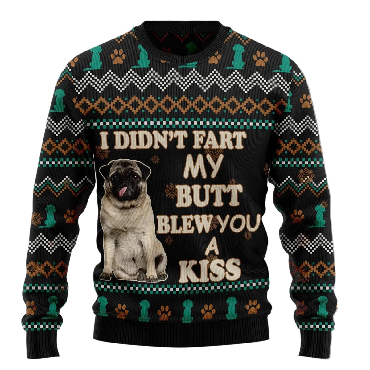 Pug a Kiss Ugly Christmas Sweater, Funny Pug Holiday Pullover for Dog Owners, Holiday Outfit for Men and Women
