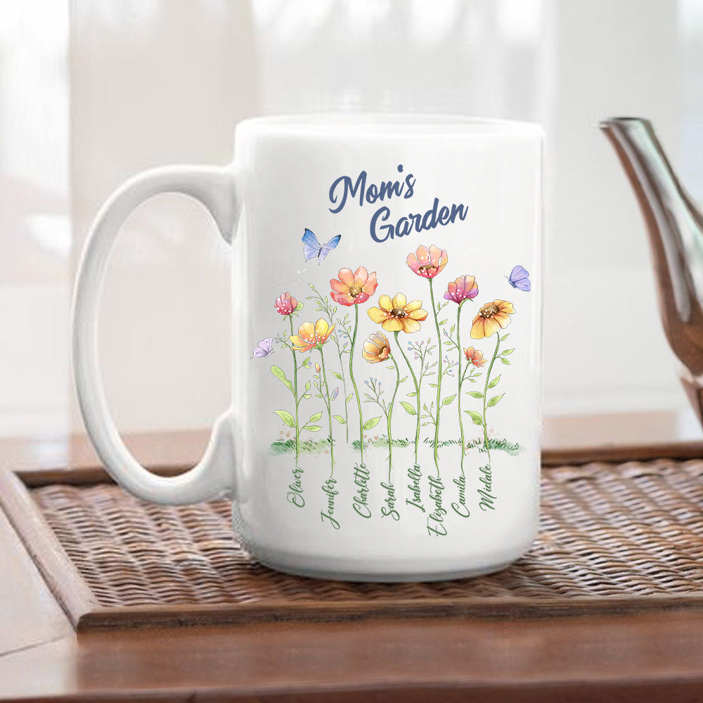 Personalized Grandma's garden white coffee mug gifts for the whole family - up to 8 names