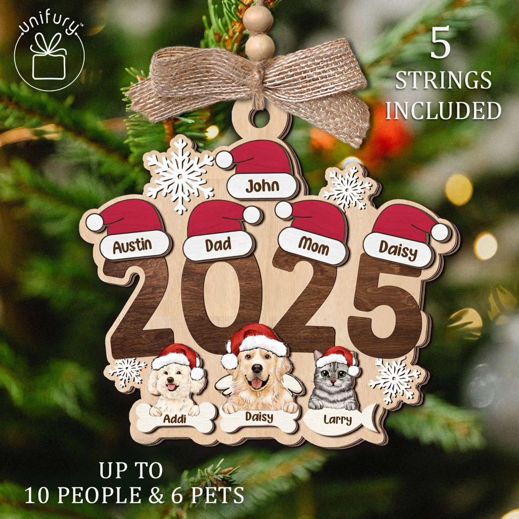 Personalized Family With Santa Hat Christmas Wooden Ornament