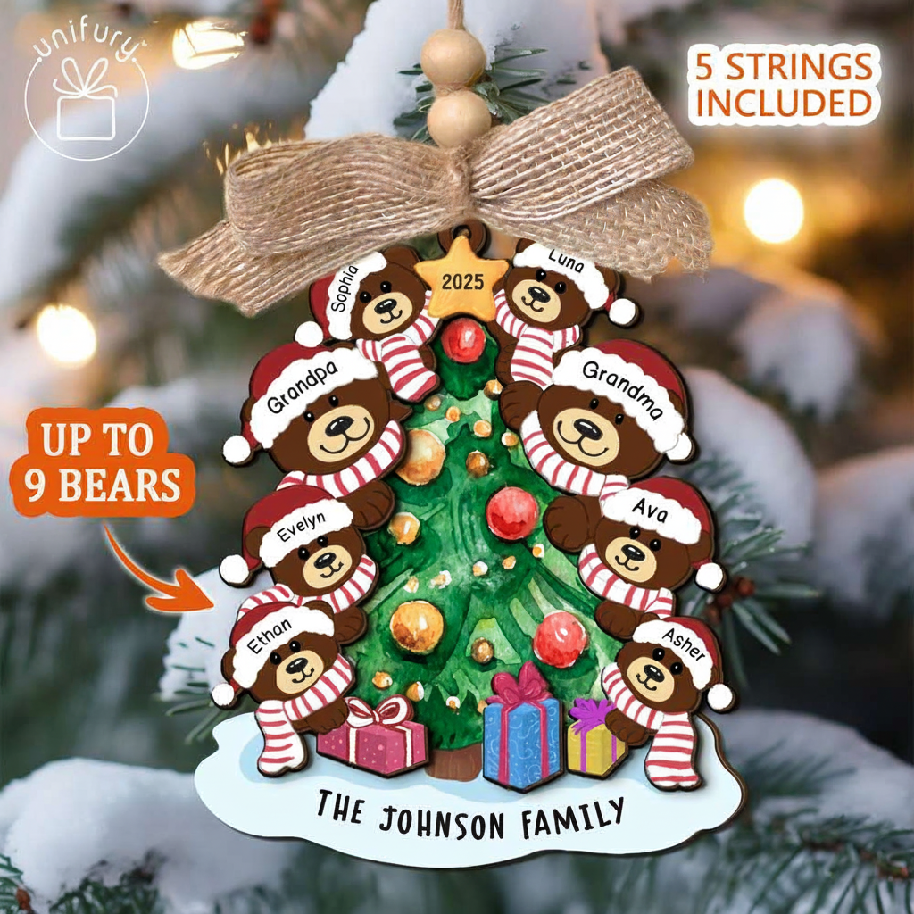 Custom Bear Family Christmas Wooden Ornament