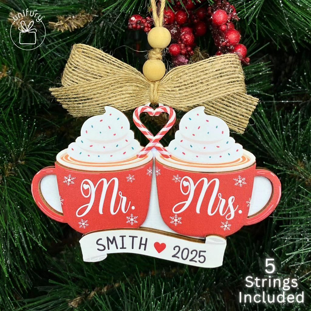 Custom Mr & Mrs Hot Cocoa Wedding Wooden Ornament