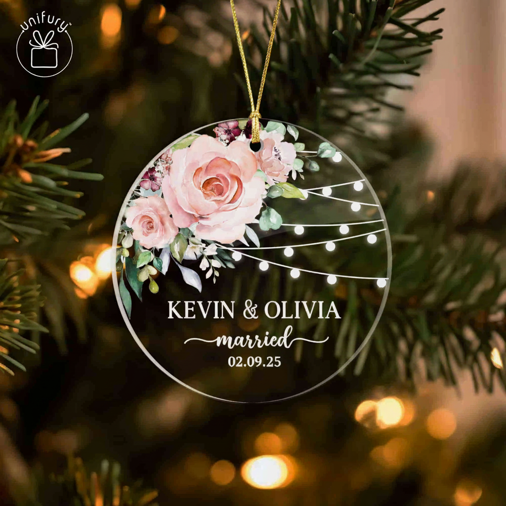 Personalized Just Married Wedding Floral Shape Acrylic Ornament