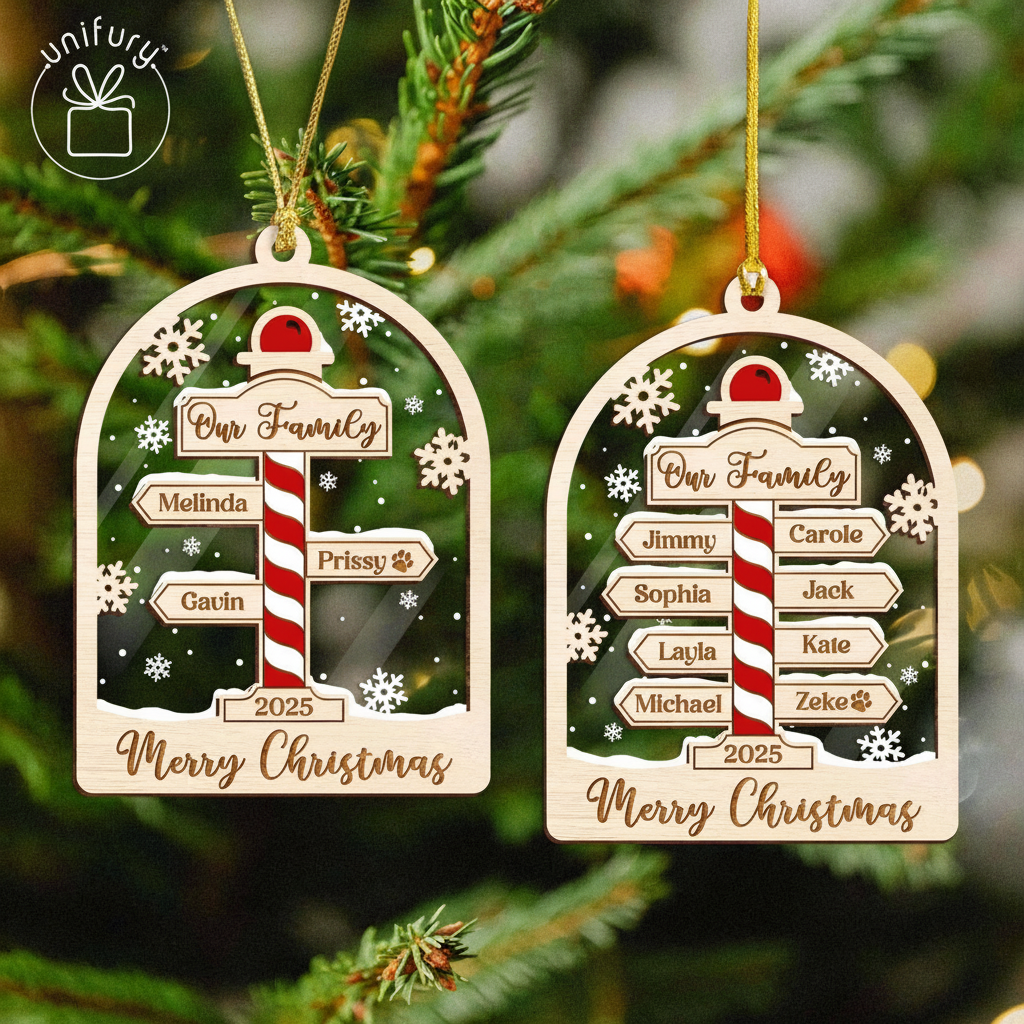 Unique North Pole Family Christmas Wood and Acrylic Ornament