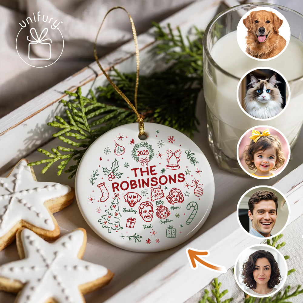 Custom Lineart Drawing Family Pet Ornament Ceramic Ornament - Family Ornament - Gifts For Dog Cat Lovers