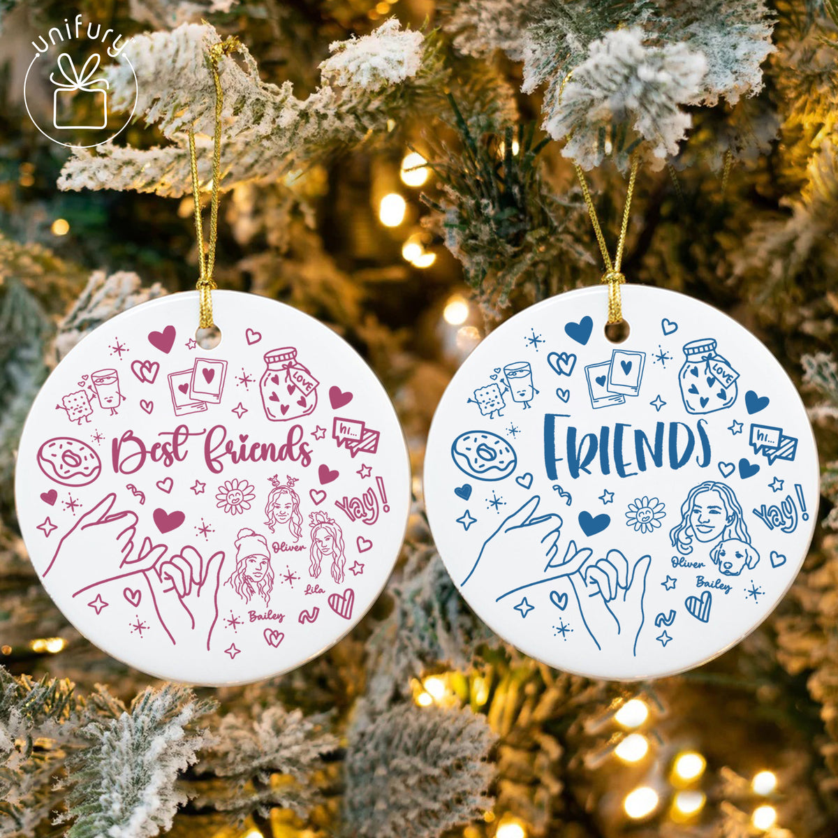 Custom Lineart Drawing Friend Ceramic Ornament - Best Friend Ornament - Christmas Gifts For Friends