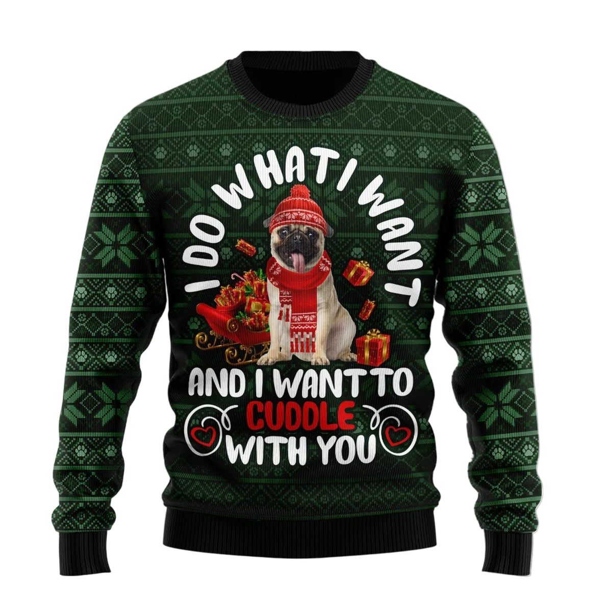 Pug I Want Ugly Christmas Sweater, Funny Pug Dog Holiday Inspired Print, Unisex Festive Christmas Party Outfit