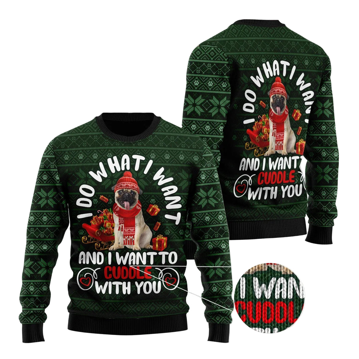 Pug I Want Ugly Christmas Sweater, Funny Pug Dog Holiday Inspired Print, Unisex Festive Christmas Party Outfit