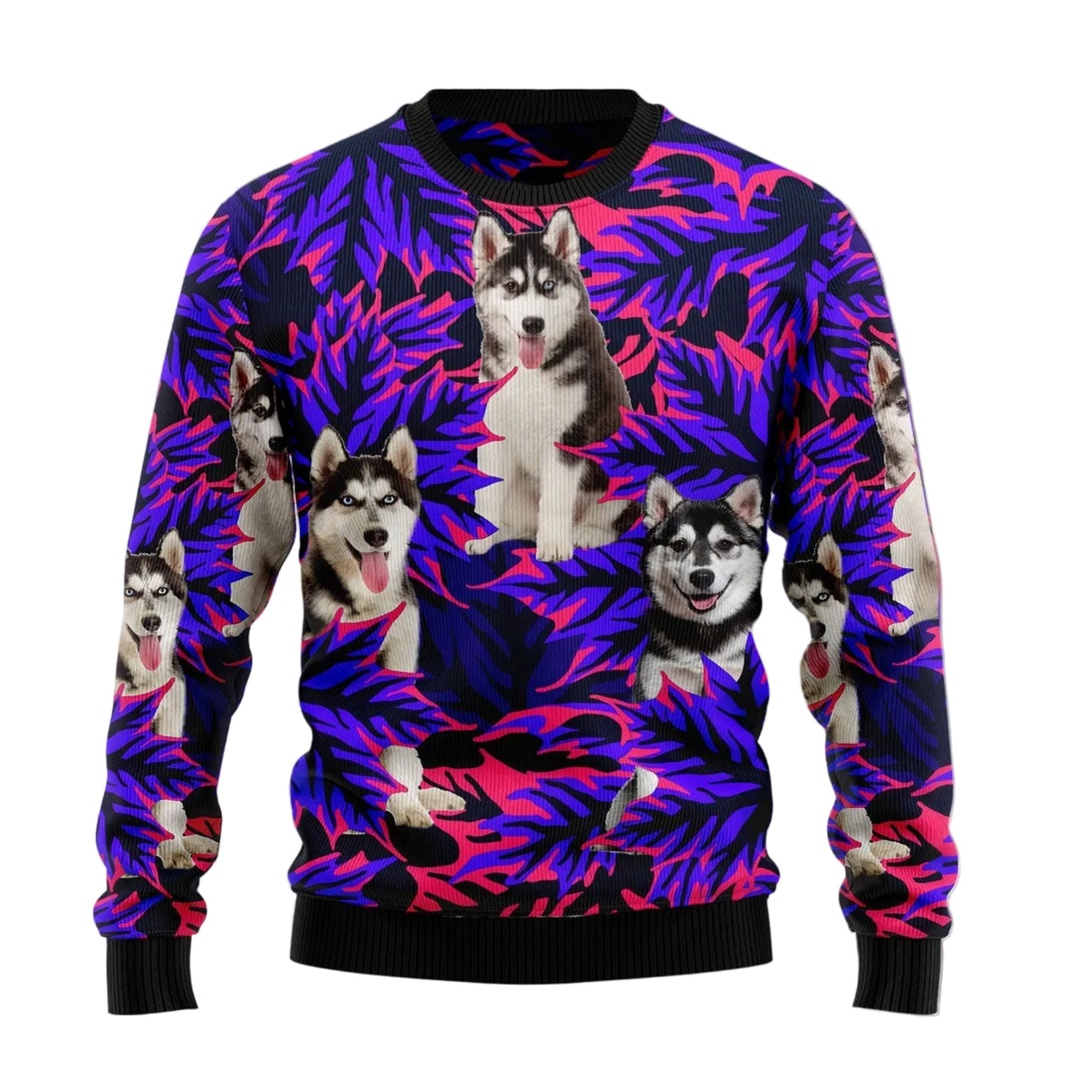Siberian Husky Leaves Ugly Christmas Sweater | Unisex Holiday Party Outfit | Festive Party Top for Husky Lovers