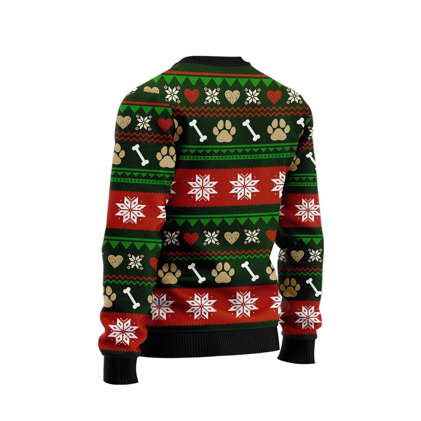 A Christmas-themed dog sweater with a festive knit pattern featuring red, green, black, white, and beige colors. The pattern includes snowflakes, paw prints, bones, and hearts, shown on a solid gray background.