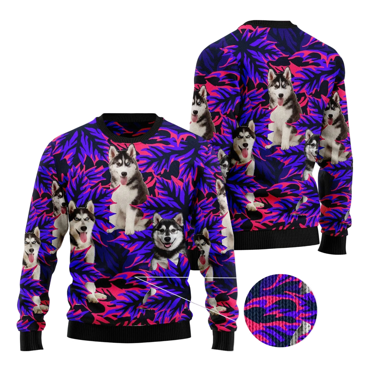 Siberian Husky Leaves Ugly Christmas Sweater | Unisex Holiday Party Outfit | Festive Party Top for Husky Lovers