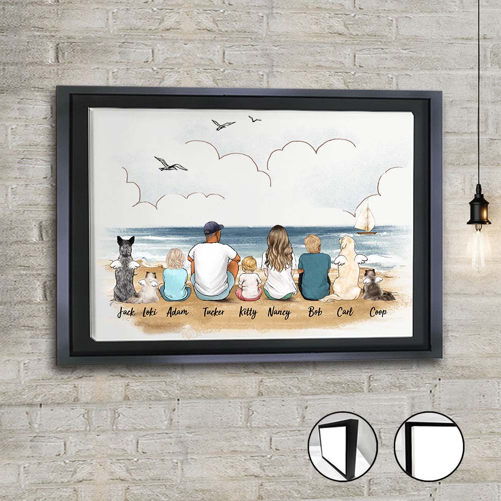 Personalized gifts with the whole family & dogs & cats Framed Canvas - UP TO 9 PEOPLE & PETS - Beach