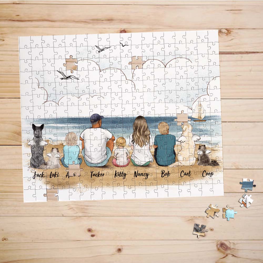 Personalized puzzle with the whole family & dogs & cats - UP TO 9 PEOPLE & PETS - Beach