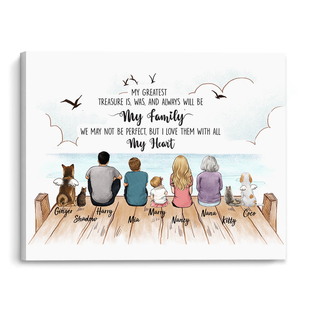 Personalized gifts with the whole family & dog & cat Canvas Print Wall Art - UP TO 9 PEOPLE & PETS - My greatest treasure