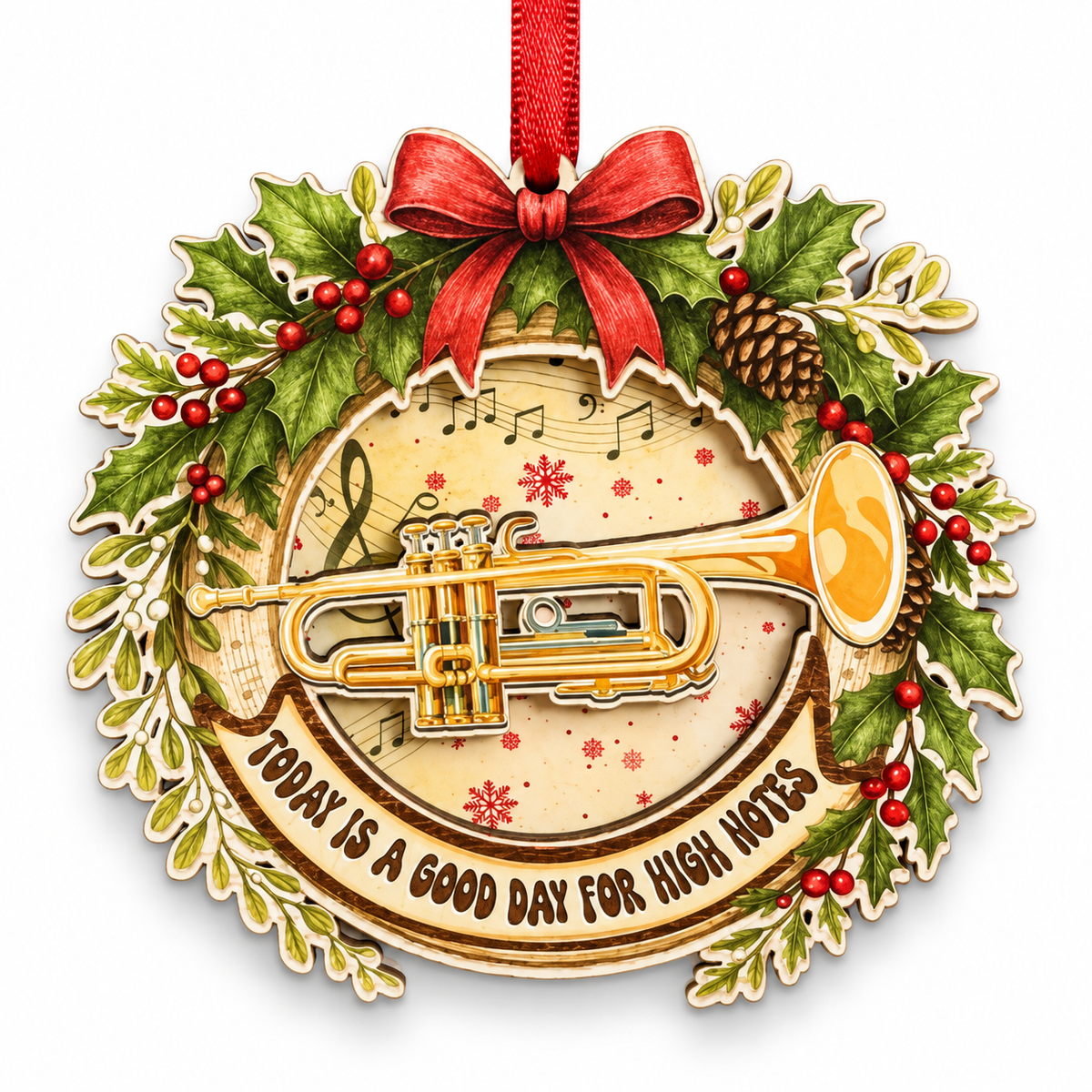 Trumpet Christmas Ornament, Wood and Acrylic Tree Decor, Unique Music Gift for Trumpet Players, Musicians, Band Members and Music Lovers