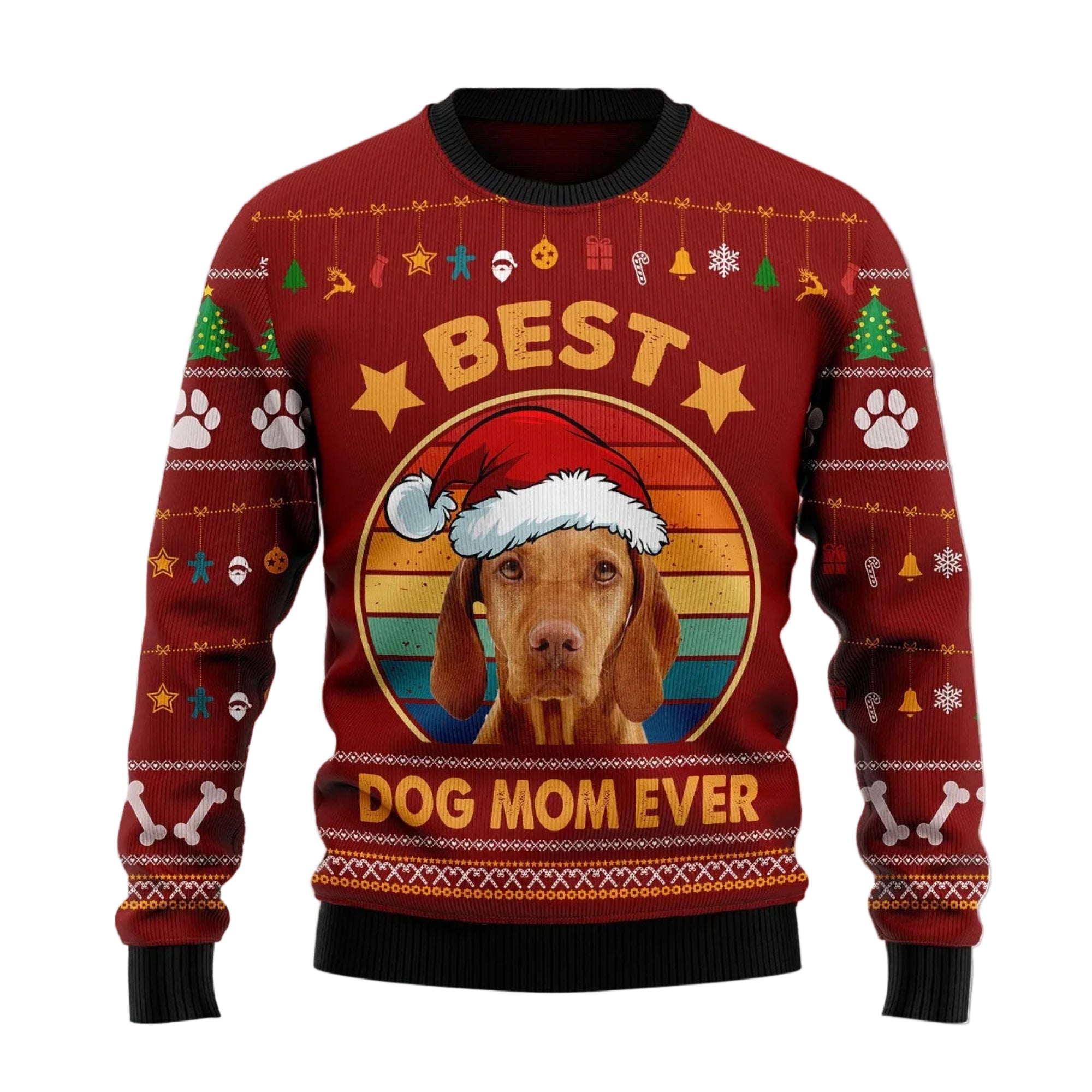 Vizsla Best Dog Mom Ever Ugly Christmas Sweater, Dog Lover Holiday Party Outfit and Christmas Gift for Vizsla Moms