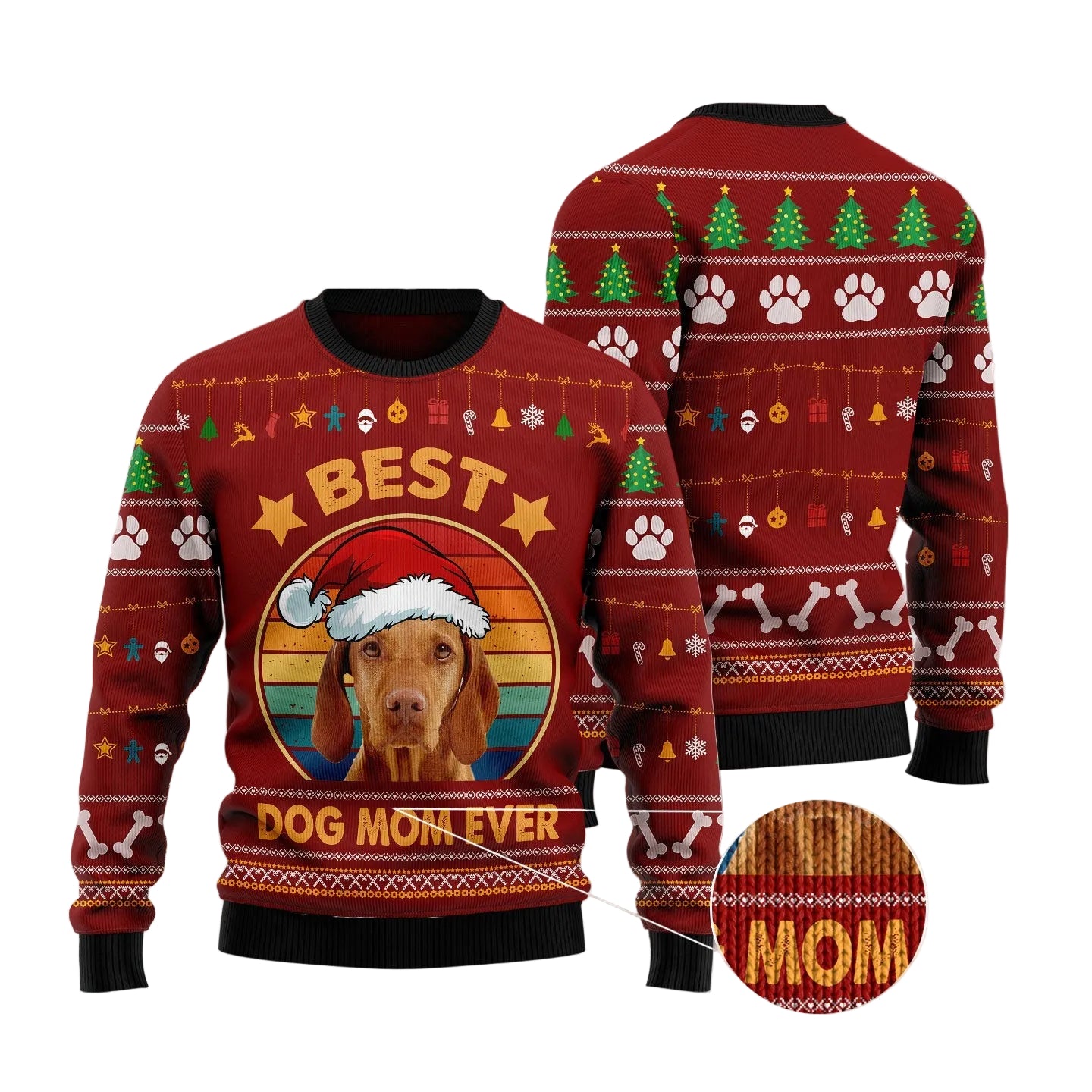 Vizsla Best Dog Mom Ever Ugly Christmas Sweater, Dog Lover Holiday Party Outfit and Christmas Gift for Vizsla Moms