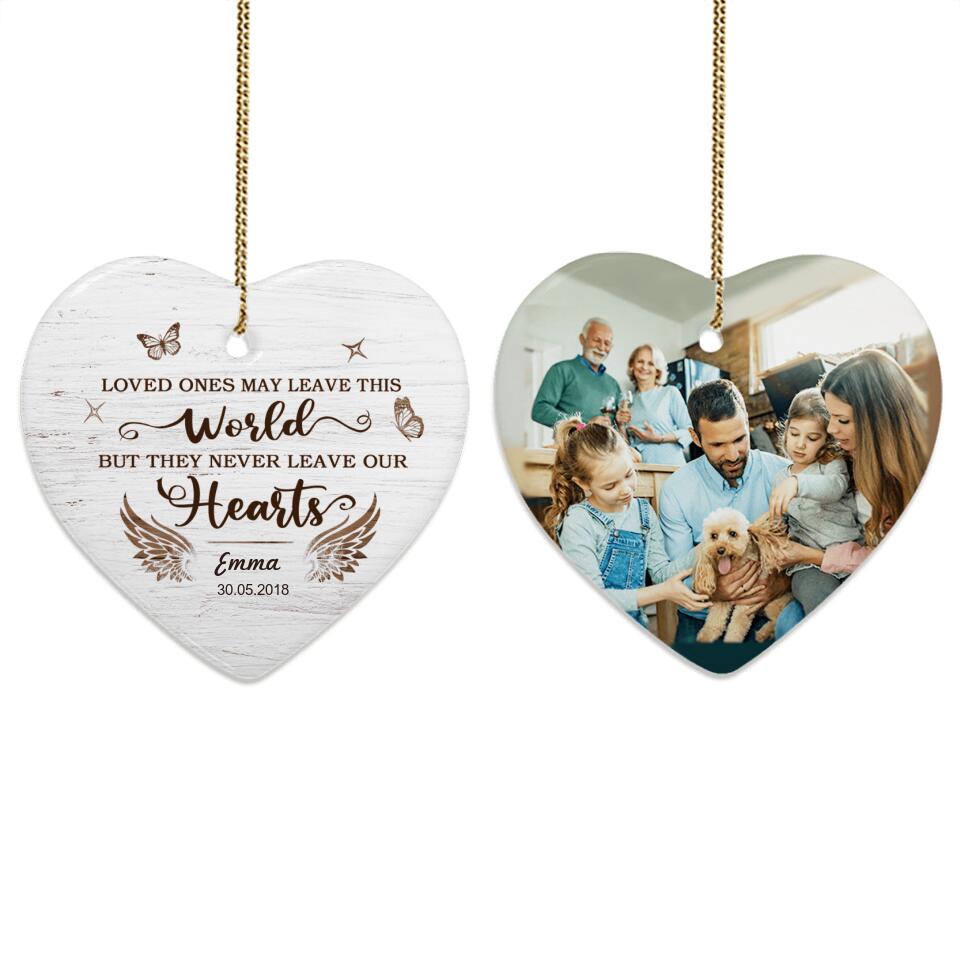 Personalized Memorial Christmas Heart Ceramic Ornaments (2 sides 2 designs) - Custom photo &amp; sayings - Loved ones may leave this world but they never leave our hearts