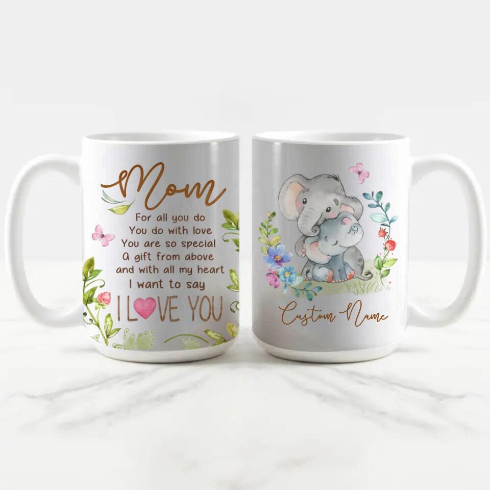 Personalized Mom Edge to Edge Coffee Mug - Elephant Mug - New Mom Mug - Best Gift For Mom From Daughter Son Kids - Unique Coffee Mug For Mom Mother - Mug For Her Women - Birthday Gifts For Mom